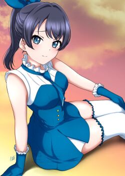 1girl blue_dress blue_gloves blue_necktie blush breasts buttons closed_mouth commentary double-breasted dress feet_out_of_frame frilled_gloves frilled_thighhighs frills gloves highres invisible_chair link!_like!_love_live! looking_at_viewer love_live! medium_breasts murano_sayaka necktie noochan_chonoda official_alternate_costume pink_sky proof_(love_live!) raised_inner_eyebrows signature sitting sky sleeveless sleeveless_dress smile solo split_mouth symbol-only_commentary thighhighs virtual_youtuber watermark white_thighhighs zettai_ryouiki