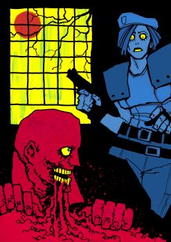 Rule 34 | 1girl, absurdres, azoinab, bald, bare tree, belt, beret, black background, blood, blood from mouth, blue eyes, blue hair, blue hat, blue pants, blue shirt, blue skin, cannibalism, colored sclera, colored skin, colored teeth, commentary, eating, english commentary, exposed teeth, fingerless gloves, full moon, gloves, gun, handgun, hat, highres, holding, holding gun, holding weapon, jill valentine, limited palette, moon, pants, red moon, red skin, resident evil, resident evil 1, s.t.a.r.s. uniform, shirt, short hair, shoulder pads, sky, surprised, tree, undead, weapon, wide-eyed, window, yellow sclera, yellow sky, yellow teeth, zombie