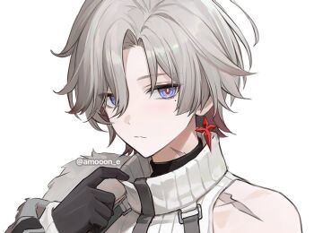 Rule 34 | 1boy, aamoooon e, black gloves, black shirt, blue eyes, closed mouth, earrings, genshin impact, gloves, grey hair, hashtag-only commentary, illuga (genshin impact), jewelry, long sleeves, looking to the side, male focus, mole, mole under eye, parted hair, piercing, scar, scar on shoulder, shirt, sideways glance, simple background, single earring, sleeveless, sleeveless turtleneck, solo, turtleneck, white background, white shirt