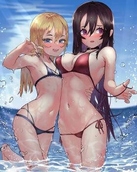 Rule 34 | 2girls, :d, absurdres, asymmetrical docking, bikini, black hair, blonde hair, blue bikini, blue eyes, blue sky, blush, breast press, breasts, cleavage, day, embarrassed, flat chest, hair between eyes, hand up, highres, lifting own clothes, long hair, looking afar, looking at viewer, looking to the side, madana (xesa7885), multiple girls, naughty face, navel, open mouth, original, outdoors, paid reward available, petite, purple eyes, red bikini, side-tie bikini bottom, sky, smile, standing, standing on one leg, stomach, strap lift, swimsuit, teeth, untied bikini, wading, water drop, wet, wet hair