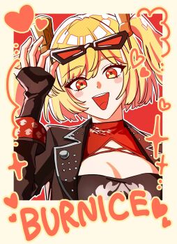 1girl adjusting_eyewear black_gloves black_jacket blonde_hair blush breasts burnice_white character_name cleavage commentary_request eyelashes eyewear_on_head fingerless_gloves gloves gts_mmnn hand_on_eyewear heart highres jacket long_sleeves looking_at_viewer open_clothes open_jacket open_mouth outline red-tinted_eyewear simple_background solo sparkle sunglasses teeth tinted_eyewear upper_body upper_teeth_only white_outline zenless_zone_zero