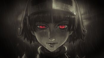 1girl bruise bruise_on_face chainsaw_man chapinor closed_mouth half-closed_eye highres injury lips looking_at_viewer mask metal_mask niijima_makoto persona persona_5 portrait queen_(persona_5) rain red_eyes redrawn reze's_eye_twitch_(chainsaw_man) scene_reference sepia short_hair straight-on uneven_eyes vignetting water_drop