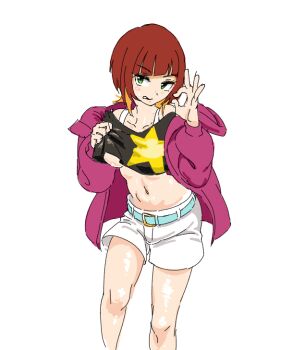 breasts digimon digimon_beatbreak jacket looking_at_viewer no_bra pixiv_(116556513) sakuya_reina short_hair star_(symbol) tongue tongue_out