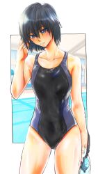 Rule 34 | 1girl, amagami, black hair, black one-piece swimsuit, blue eyes, blue one-piece swimsuit, border, breasts, clenched teeth, collarbone, competition swimsuit, cowboy shot, hand in own hair, hand up, holding, holding removed eyewear, kankon (idou toshokan), looking at viewer, nanasaki ai, one-piece swimsuit, outside border, pool, short hair, small breasts, solo, swimsuit, teeth, thighs, two-tone swimsuit, unworn eyewear, white border