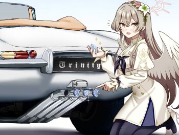 1girl black_neckerchief black_pantyhose blue_archive brown_eyes brown_hair car dress exhaust_pipe flower gem gesupi_(provlemsolver57) hair_flower hair_ornament halo highres holding holding_gem kneeling long_hair long_sleeves looking_at_viewer motor_vehicle nagisa_(blue_archive) neckerchief open_mouth pantyhose pink_flower pointing red_halo smile solo white_dress white_flower white_wings wings