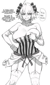 1girl absurdres ahoge bare_shoulders blush bow breasts clothes_grab collar collarbone commentary cosplay das_(dan_dan) detached_sleeves dress fate/grand_order fate/strange_fake fate_(series) francesca_prelati_(fate) francesca_prelati_(fate)_(cosplay) frilled_collar frills garter_straps greyscale grin hair_bow hand_on_own_hip highres huge_breasts jeanne_d'arc_alter_(fate) leotard looking_at_viewer monochrome multiple_hair_bows short_hair showgirl_skirt smile solo speech_bubble standing striped_clothes striped_dress striped_leotard thighhighs thighs undersized_clothes vertical-striped_clothes vertical-striped_dress vertical-striped_leotard