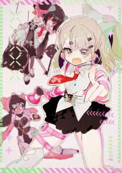 3girls black_hair blush bow chinatsu_remiel green_bow green_eyes highres humanoid_robot looking_at_viewer multicolored_hair multiple_girls necktie open_mouth pink_hair red_eyes robot robot_girl rokudu_sariel shirt siomimi twintails white_shirt yutane_johiel zenless_zone_zero