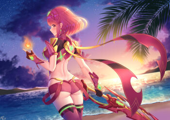 1girl absurdres artist_name ass back bare_back beach black_gloves blush bob_cut breasts butt_crack closed_mouth cloud commentary_request cowboy_shot earrings evening fingerless_gloves fire from_behind gloves gradient_sky highres holding holding_sword holding_weapon horizon jewelry ken-san large_breasts looking_at_viewer looking_back neon_trim nintendo ocean palm_tree pyra_(xenoblade) pyrokinesis red_eyes red_hair red_shorts red_thighhighs revealing_clothes short_hair short_shorts shorts sky smile solo star_(sky) starry_sky sunlight sunset sword thighhighs tiara tree water weapon wrist_guards xenoblade_chronicles_(series) xenoblade_chronicles_2