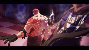 2boys arm_tattoo back back_tattoo belt black_gloves black_hair black_pants charlotte_katakuri commentary courtneyemmet floating_clothes gloves highres indoors injury letterboxed male_focus monkey_d._luffy multiple_boys one_piece pants red_shorts short_hair shorts smoke tattoo
