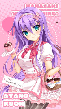 1girl aqua_eyes basket black_pantyhose blush bow bowtie breasts buttons character_name closed_mouth copyright_notice cowboy_shot cream cupcake diagonal-striped_bow diagonal-striped_bowtie diagonal-striped_clothes double-breasted eyes_visible_through_hair floating_hair food frilled_gloves frilled_skirt frills gloves hair_between_eyes hair_bow hairband hanasaki_work_spring hands_up happy_valentine heart highres holding holding_basket holding_food kuon_ayano large_breasts long_hair looking_at_viewer low-tied_long_hair miniskirt official_art official_wallpaper pantyhose pink_background pink_bow pink_hairband pleated_skirt puffy_short_sleeves puffy_sleeves purple_hair red_bow red_bowtie shirt short_sleeves sidelocks simple_background skirt smile solo sparkle striped_bow striped_bowtie striped_clothes striped_pantyhose sweets toranosuke valentine vertical-striped_clothes vertical-striped_pantyhose very_long_hair white_gloves white_shirt white_skirt