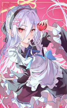 Rule 34 | 1girl, alternate costume, apron, black dress, black hairband, blue archive, candy, chocolate, chocolate heart, dress, enmaided, food, food in mouth, frilled apron, frilled dress, frills, goboogie, hair between eyes, hairband, halo, heart, heart-shaped food, highres, holding, holding chocolate, holding food, kei (blue archive), kei (new body) (blue archive), long hair, long hair between eyes, looking at viewer, maid, maid apron, maid headdress, rectangular halo, red eyes, ringed eyes, solo, white apron, white hair