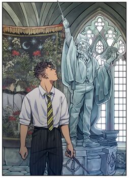 3boys absurdres arm_up beard black_pants blanket border collared_shirt earrings facial_hair flower full_beard griffmon highres hogwarts_legacy holding holding_wand hufflepuff indoors jewelry long_beard long_sleeves male_focus multiple_boys pants parted_lips red_flower shirt short_hair statue striped_clothes striped_pants wand white_border white_flower white_shirt window wizard wizarding_world yaoi