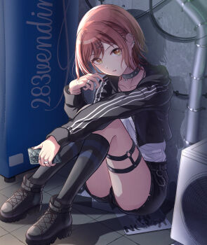1girl absurdres barbell_piercing black_choker black_jacket black_nails black_shorts black_socks blush bracelet cellphone choker citrusmikan collarbone commentary_request cropped_jacket ear_piercing earrings hair_ornament hairclip highres holding holding_phone hood hooded_track_jacket idolmaster idolmaster_shiny_colors industrial_piercing jacket jewelry kneehighs long_sleeves looking_at_viewer multiple_piercings nail_polish necklace o-ring o-ring_choker official_alternate_costume official_alternate_hair_length official_alternate_hairstyle open_clothes open_jacket open_mouth osaki_amana phone piercing red_hair ring shirt short_hair shorts sitting smartphone smile socks solo swept_bangs thigh_strap track_jacket white_shirt x_hair_ornament yellow_eyes