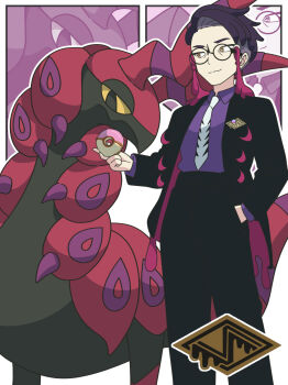 1boy antennae black-framed_eyewear black_hair black_jacket black_pants bug centipede closed_mouth collared_shirt colored_sclera commentary_request corbeau_(pokemon) donut eyewear_strap food gen_5_pokemon glasses hand_in_pocket highres holding holding_donut holding_food horns jacket kanbei_(pixiv11037490) long_sleeves male_focus mega_stone necktie nintendo open_clothes open_jacket pants parted_hair pokemon pokemon_(creature) pokemon_legends:_z-a purple_hair purple_shirt round_eyewear scolipede shirt short_hair short_sideburns smile undercut white_necktie yellow_eyes yellow_sclera