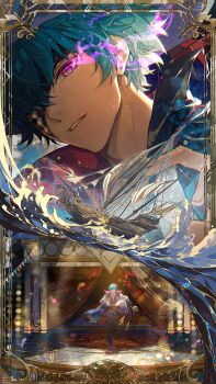 1boy absurdres blue_hair brant_(wuthering_waves) commentary_request copyright_notice flaming_eye half_mask hat hat_feather highres holding holding_unworn_clothes holding_unworn_hat logo looking_at_viewer male_focus mask multiple_views official_art outstretched_arm pants parted_lips short_hair stage tricorne unworn_hat unworn_headwear white_hat white_pants wuthering_waves xiandao1213