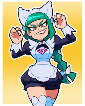 1girl apron black_romper bow bowtie braid braided_ponytail breasts green_hair grin hair_bow highres juliet_sleeves lebanne_(pokemon) long_braid long_hair long_sleeves looking_at_viewer maid maid_apron maid_headdress medium_breasts nintendo open_mouth pokemon pokemon_legends:_z-a puffy_sleeves romper scott_falco simple_background smile solo teeth thighhighs thighs white_bow white_bowtie white_thighhighs yellow_background
