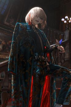 alternate_costume au_(d_elete) belt blonde_hair bluesky_username bug butterfly earrings english_text eyeshadow fate/grand_order fate_(series) floral_print formal_clothes gem gold_eyeshadow green_eyes hair_over_one_eye highres insect instagram_username jewelry lamp makeup medium_hair nail_polish oberon_(artificial_rondo)_(fate) oberon_(fate) open_mouth painting_(object) red_gemstone signature stairs standing subsurface_scattering suit twitter_username window