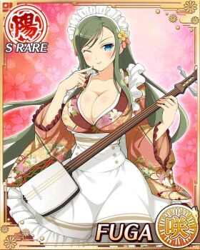 1girl apron blue_eyes border breasts card_(medium) character_name cleavage closed_mouth english_text finger_to_mouth floral_print floral_print_kimono frilled_apron frills fuga_(senran_kagura) game_cg green_hair holding holding_instrument instrument japanese_clothes kimono large_breasts long_sleeves looking_at_viewer maid maid_apron maid_headdress mole mole_under_eye official_alternate_costume official_art one_eye_closed print_kimono senran_kagura senran_kagura_new_wave shamisen smile solo swept_bangs wa_maid white_apron wings