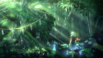 Rule 34 | alphes (style), capelet, colored tips, endlesscat, facial mark, feather capelet, feather necklace, feathers, forehead mark, forehead tattoo, forest, fossilized wonders, fringe-trimmed capelet, gohei, gradient feathers, green leaf, highres, hokora (shrine), holding, holding gohei, houjuu chimi, jewelry, leaf clothing, leaf shirt, lifted from behind, multicolored hair, nature, necklace, parody, red feathers, red leaf, scenery, style parody, tattoo, torn capelet, torn clothes, touhou, yellow feathers