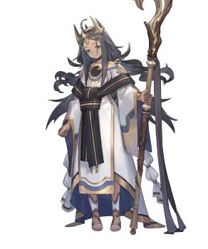 1girl black_eyes crown dark-skinned_female dark_skin fire_emblem fire_emblem_heroes gold_trim highres holding holding_staff long_hair looking_at_viewer nintendo non-web_source robe solo staff tachi-e vanitas_(fire_emblem) very_long_hair white_robe