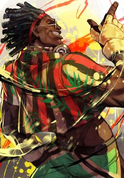 1boy arm_up black_hair brown_eyes cowboy_shot dark-skinned_male dark_skin dee_jay dreadlocks fingerless_gloves fingernails glasses gloves green_pants grin hand_on_own_hip headphones headphones_around_neck hungry_clicker male_focus midriff multicolored_shirt pants profile shirt short_hair short_sleeves smile street_fighter street_fighter_6 striped_clothes teeth yellow-framed_eyewear yellow_gloves