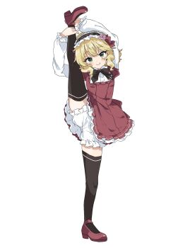 Rule 34 | 1girl, black thighhighs, blonde hair, bloomers, commentary request, dress, full body, green eyes, hairband, highres, i-shaped balance (meme), idolmaster, idolmaster cinderella girls, lolita hairband, looking at viewer, meme, red dress, remiri nicoeli, sakurai momoka, short hair, simple background, smile, solo, split, standing, standing on one leg, standing split, thighhighs, underwear, white bloomers