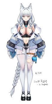 1girl absurdres animal_ear_fluff animal_ears animal_hands belt bikini black_bikini blue_jacket braid breasts closed_mouth commentary english_text full_body gloves grey_eyes grey_hair halterneck highres jacket large_breasts long_hair looking_at_viewer low-braided_long_hair low-tied_long_hair mayoichi mole mole_on_breast mole_under_mouth navel off_shoulder open_clothes open_jacket original pantyhose paw_gloves potion simple_background smile solo straight-on swimsuit thigh_belt thigh_gap thigh_strap torn_clothes torn_pantyhose very_long_hair white_background white_pantyhose
