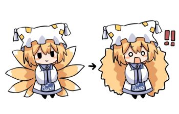 Rule 34 | !, !!, 1girl, animal hat, arrow (symbol), blonde hair, blue tabard, closed mouth, commentary request, dress, fox tail, hands in opposite sleeves, hat, kitsune, mob cap, multiple tails, open mouth, silverrain, simple background, smile, static electricity, tabard, tail, touhou, white background, white dress, white hat, yakumo ran