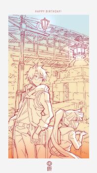 Rule 34 | 1boy, 1girl, ahoge, akatsuki (log horizon), bridge, glasses, hair ribbon, happy birthday, hara kazuhiro, lamppost, log horizon, long hair, long sleeves, looking to the side, monochrome, outdoors, ponytail, ribbon, shiroe (log horizon), short hair