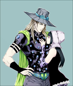 1boy 1girl animal_print belt black_dress black_hair blonde_hair detached_sleeves dress gyro_zeppeli hand_on_own_hip height_difference jojo_no_kimyou_na_bouken leopard_print long_hair neckerchief pink_eyes purple_neckerchief shiemasu steel_ball_run sugar_mountain