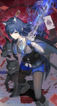 1girl absurdres ace_(playing_card) animal_ear_fluff animal_ears arknights black_hair black_pantyhose black_vest blue_fire blue_gloves blue_necktie blue_shorts boots breasts card closed_mouth coat coat_on_shoulders collared_shirt commentary_request extra_ears fingerless_gloves fire flaming_sword flaming_weapon gloves highres holding holding_sword holding_weapon jacket jacket_on_shoulders long_hair long_sleeves looking_at_viewer necktie pantyhose pantyhose_under_shorts playing_card sanzuitaroh shirt shorts solo spade_(shape) standing sword tail texas_(arknights) texas_the_omertosa_(arknights) vest weapon white_boots white_shirt wolf wolf_ears wolf_girl wolf_tail yellow_eyes
