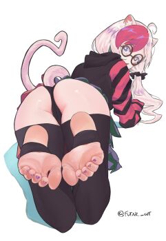 1girl absurdres ahoge all_fours animal_ear_fluff animal_ears artist_name ass black_hoodie black_panties black_thighhighs blush cat_ears cat_girl cat_tail commentary commission english_commentary feet feet_up foot_focus from_behind full_body futsie_art grey_hair hair_ornament hair_scrunchie highres hood hoodie indie_virtual_youtuber long_sleeves looking_at_viewer miniskirt nail_polish no_shoes panties partially_visible_vulva pink_hair pink_hoodie pink_nails pink_tail purple_nails round_eyewear scrunchie shadow simple_background skirt soles solo stirrup_legwear striped_clothes striped_hoodie tail thighhighs toe_scrunch toeless_legwear toenail_polish toenails twitter_username underwear virtual_youtuber white_background