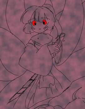 Rule 34 | 1other, adagumo no yaorochi, androgynous, bare shoulders, blunt bangs, chromatic aberration, commentary request, corpse, detached sleeves, expressionless, eyes visible through hair, feet out of frame, hakama, hakama skirt, holding, holding sword, holding weapon, jandare, japanese clothes, jinbaori, kimono, large tail, len'en, lineart, long hair, long sleeves, multiple tails, other focus, parted lips, red background, red eyes, red theme, scarf, short kimono, side ponytail, skirt, sleeveless, sleeveless kimono, snake tail, solo focus, sword, sword of kusanagi, tail, tasouken, weapon, wide sleeves