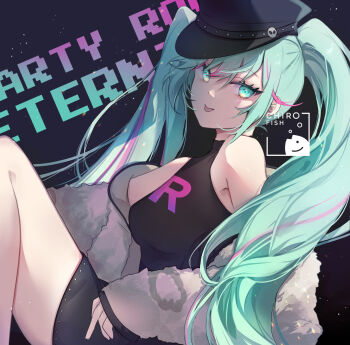 1girl aqua_eyes aqua_hair artist_name bare_shoulders black_background black_hat breasts chiroyo commentary commentary_request copyright_name english_commentary hat hatsune_miku highres knees_up long_hair long_sleeves looking_at_viewer multicolored_hair nintendo party_rock_eternity_(vocaloid) pokemon project_voltage simple_background solo streaked_hair team_rocket tongue tongue_out twintails vocaloid