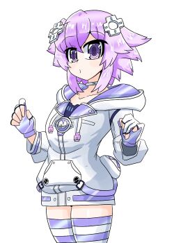 1girl choker commentary_request d-pad d-pad_hair_ornament drawstring emblem fingerless_gloves gloves hair_ornament highres hood hoodie nepnepdaitsuki neptune_(neptunia) neptune_(series) purple_eyes purple_hair short_hair sidelocks simple_background solo striped_clothes striped_thighhighs thighhighs usb white_background white_choker