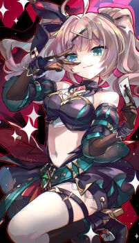 1girl absurdres ahoge bare_shoulders belt black_footwear black_gloves black_ribbon black_shorts black_socks breasts bridal_gauntlets brown_hair card closed_mouth commentary_request cynical_sneer_(elsword) detached_sleeves elsword gloves green_belt green_eyes hair_intakes hair_ornament hair_ribbon highres holding holding_card icedango_(dpopic3) lithia_beryl_(elsword) long_hair looking_at_viewer medium_breasts midriff n.e.k.o n.e.k.o_(the_four_seasons_of_farewells) navel ribbon short_shorts shorts signature smile socks solo stomach twintails ushio v v_over_eye x_hair_ornament yoichi_yukimura