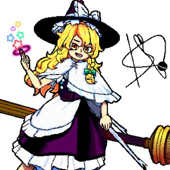blonde_hair broom broom_riding kirisame_marisa koishit_(artist) magical_girl open_mouth pixel_art signature touhou white_background yellow_eyes