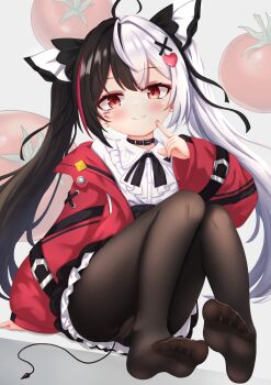 1girl absurdres black_choker black_hair black_pantyhose black_skirt blush breasts choker closed_mouth collared_shirt commentary_request demon_girl demon_tail hair_ornament heart heart_hair_ornament highres jacket lacrimosa_(nte) long_hair looking_at_viewer multicolored_hair neverness_to_everness pantyhose red_jacket red_streaks shirt skirt small_breasts smile solo split-color_hair streaked_hair tail twintails urotsuki_(uro30) very_long_hair white_hair white_shirt x_hair_ornament