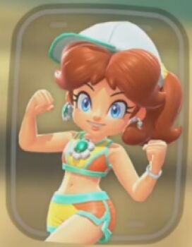 Rule 34 | 1girl, blue eyes, brown hair, hat, mario (series), mario kart, mario kart world, nintendo, princess daisy, smile, super mario land, swimsuit