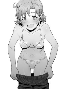 Rule 34 | 1girl, ahoge, bikini, blush, breasts, clothes pull, collarbone, cowboy shot, greyscale, hair bobbles, hair ornament, highres, idolmaster, idolmaster million live!, leaning forward, looking at viewer, monochrome, navel, open mouth, pants, pants pull, pulling own clothes, short hair, simple background, solo, standing, sweatpants, swimsuit, tsurui, undressing, white background, yabuki kana