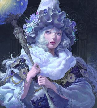 1girl arch blue_theme bracelet capelet commentary crystal_ball embroidery english_commentary face_chain fantasy flower_ornament hat heo_sung-moo highres holding holding_staff indoors jewelry lips long_hair long_sleeves mage_staff medal original painterly puffy_collar puffy_long_sleeves puffy_sleeves purple_eyes ring robe solo staff temple upper_body wavy_hair white_hair witch_hat wizard wizard_hat