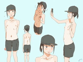 1girl baseball_cap black_hair black_hat black_male_swimwear blue_background blush breasts cellphone collarbone commentary_request crossdressing crossdressing_(ftm) exhibitionism flying_sweatdrops hat highres holding holding_phone lips male_swimwear male_swimwear_challenge monodevil multiple_views navel nervous nipples one-piece_tan original petite phone ponytail public_indecency selfie simple_background small_breasts smartphone solo swim_trunks tan tanline topless_female v