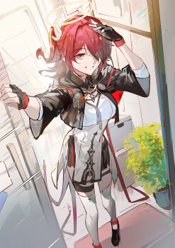 1girl ankle_boots arknights arm_up black_boots black_gloves black_jacket black_shorts boots breasts commentary_request detached_wings doorway exusiai_(arknights) exusiai_the_new_covenant_(arknights) fingerless_gloves foot_out_of_frame gloves halo highres jacket long_shirt long_sleeves looking_at_viewer medium_breasts medium_hair naoel_(naoel_art) orange_eyes pouch red_hair shirt shorts side_ponytail smile solo standing swept_bangs thigh_pouch thigh_strap thighhighs traditional_halo white_halo white_shirt white_thighhighs wings