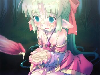 1boy 1girl bare_shoulders blush bow breasts bukkake censored cum cum_on_body cum_on_breasts cum_on_clothes cum_on_hair cum_on_hands cum_on_upper_body curtained_hair ear_blush elf facial grass green_eyes green_hair hair_bow juusha-chan_to_yaya_zannen_na_yuusha_no_hanashi juusha_(juusha-chan_to_yaya_zannen_na_yuusha_no_hanashi) layered_sleeves long_hair long_sleeves looking_down mosaic_censoring open_mouth outdoors panties penis pink_shirt pink_skirt pointy_ears ponytail red_bow seiza shirt short_over_long_sleeves short_sleeves shoulder_blush sidelocks sitting skirt small_breasts sweat third-party_source underwear variant_set white_panties yoshi_(crossmind)