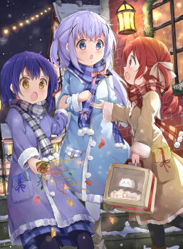 Rule 34 | 3girls, :o, absurdres, bag, black pantyhose, blue coat, blue eyes, blue hair, blue scarf, box, brown coat, chimame-tai, coat, commentary, confetti, drill hair, fang, gift, gift box, gochuumon wa usagi desu ka?, grey scarf, hair ornament, hair ribbon, highres, holding, holding bag, jouga maya, kafuu chino, long hair, long sleeves, medium hair, multiple girls, natsu megumi, open mouth, outdoors, pantyhose, party popper, plaid clothes, plaid scarf, plaid skirt, purple coat, purple hair, purple skirt, red eyes, red hair, red scarf, ribbon, scarf, skin fang, skirt, snow, snowing, stick jitb, streamers, twin drills, twintails, white pantyhose, white ribbon, winter, x hair ornament, yellow eyes