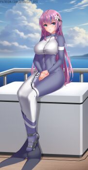 Rule 34 | 1girl, absurdres, blue eyes, blue hair, bodysuit, braid, breasts, flower, hair flower, hair ornament, highres, jewelry, large breasts, long hair, looking at viewer, mermaid, mermaid costume, midnight (banyex), monofin, monster girl, multicolored bodysuit, multicolored hair, original, purple hair, sitting, smile, solo, streaked hair, twin braids, two-tone bodysuit, two-tone hair, very long hair, watermark, web address, zipper, zipper pull tab