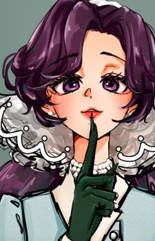 Rule 34 | 1girl, anjo nala, blue shirt, finger to mouth, gloves, green gloves, grey background, hand up, hashtag-only commentary, hat, index finger raised, joe (joe joe t07), long hair, pearl choker, portrait, purple eyes, purple hair, red lips, reverse:1999, shirt, solo, white hat