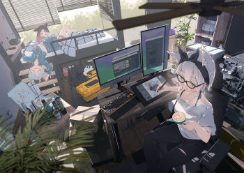 3girls animal_ear_fluff animal_ears black-framed_eyewear black_hair bottle can chair closed_eyes cup drawing_tablet drink_can earrings extra_ears food glasses green_eyes grey_hair highres hoji_(hooooooooji1029) holding holding_cup jewelry monitor multiple_girls navel one_eye_closed original pizza pizza_box pizza_slice red_eyes short_hair sleeping soda_can stylus swivel_chair vertical_monitor