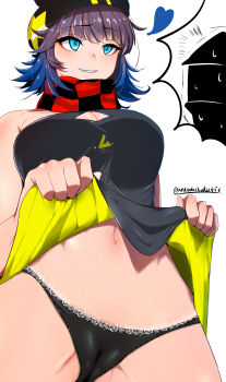 1girl 1other absurdres ankodaihuku arknights black_dress black_panties black_scarf blue_eyes blue_hair breasts brown_hair cameltoe checkered_clothes checkered_scarf cleavage_cutout clothing_cutout commentary_request deepcolor_(arknights) doctor_(arknights) dress gradient_hair grin heart highres large_breasts lifting_own_clothes multicolored_hair navel panties red_scarf scarf simple_background smile twitter_username two-sided_dress two-sided_fabric two-tone_scarf underwear white_background