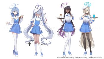 4girls absurdly_long_hair ako_(blue_archive) asuna_(blue_archive) black_hair black_thighhighs blue_archive blue_eyes blue_hair breasts brown_hair clipboard closed_mouth collared_shirt dark-skinned_female dark_skin demon_tail dress full_body garter_straps grey_hair hair_over_one_eye halo hand_up hat highres holding holding_clipboard iori_(blue_archive) karin_(blue_archive) large_breasts long_hair multiple_girls official_art parted_lips pointy_ears rangu red_eyes shirt simple_background skirt smile tail thighhighs twintails v very_long_hair white_background white_garter_straps white_hat white_shirt white_thighhighs yellow_eyes
